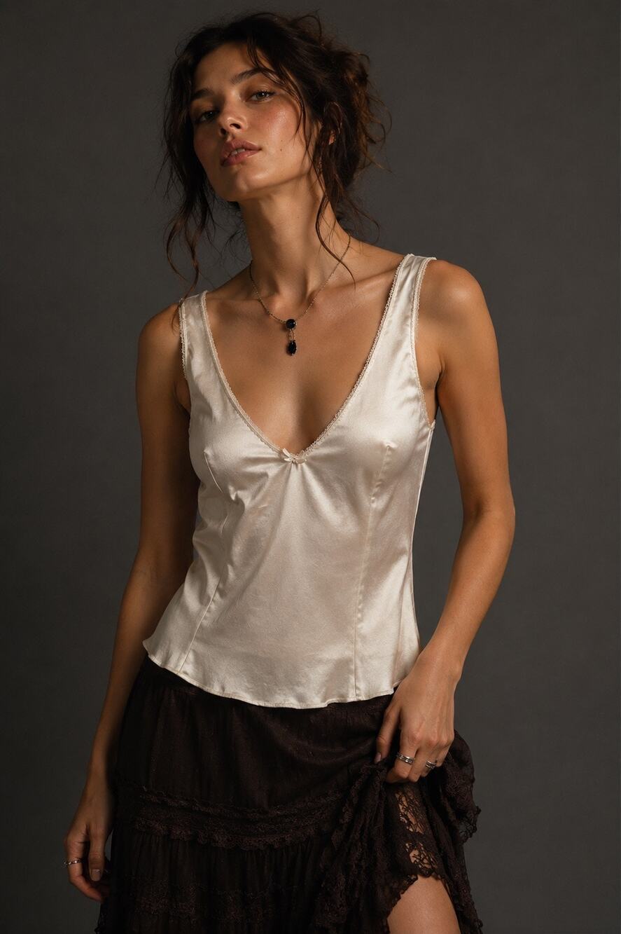 Vintage 70s 80s Lorraine Ivory Nylon Satin Lace Trim Tank 34 Coquette Balletcore